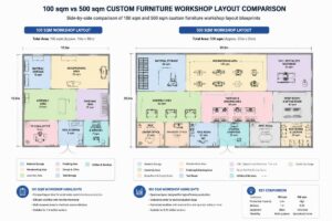 Side-by-side comparison of 100 sqm and 500 sqm custom furniture workshop layout blueprints