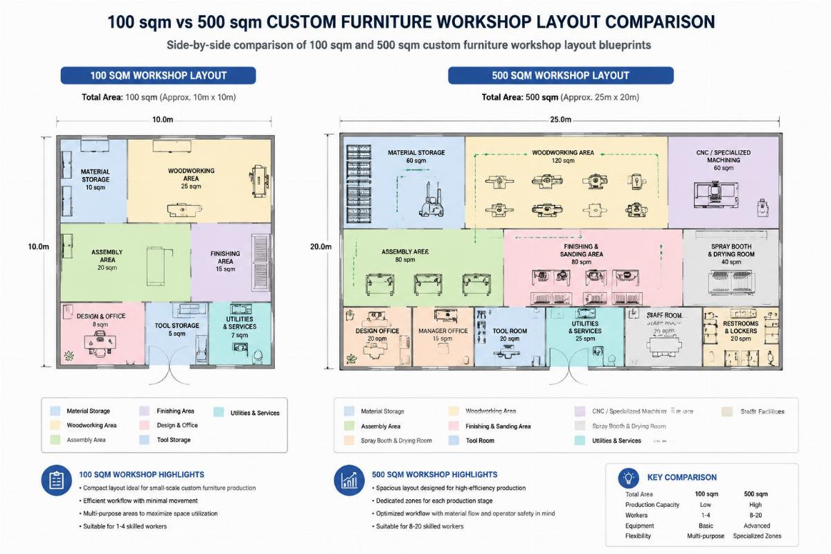 100 sqm vs 500 sqm custom furniture workshop layout comparison Side-by-side comparison of 100 sqm and 500 sqm custom furniture workshop layout blueprints