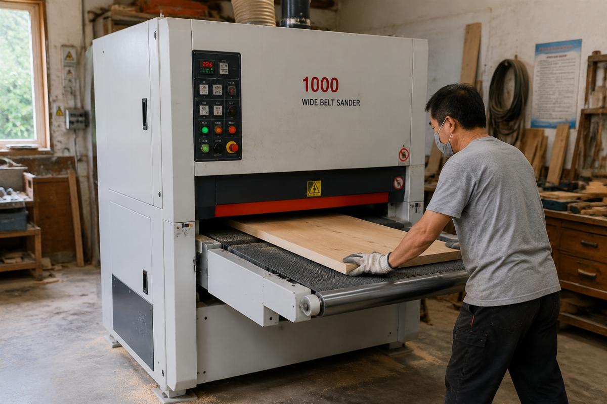Small woodworking workshop wide belt sander operation