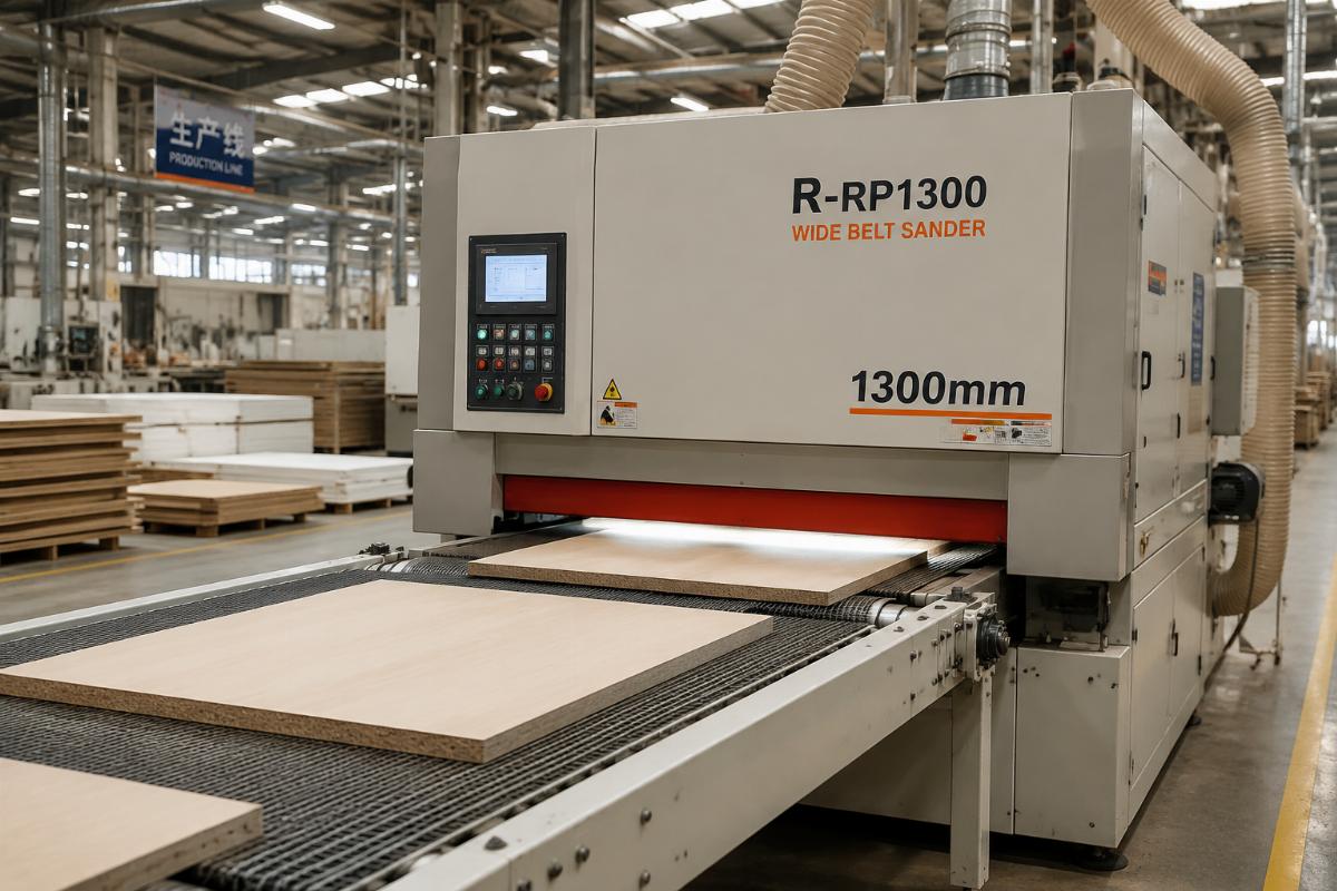 Production line running wide belt sander with active sanding operation