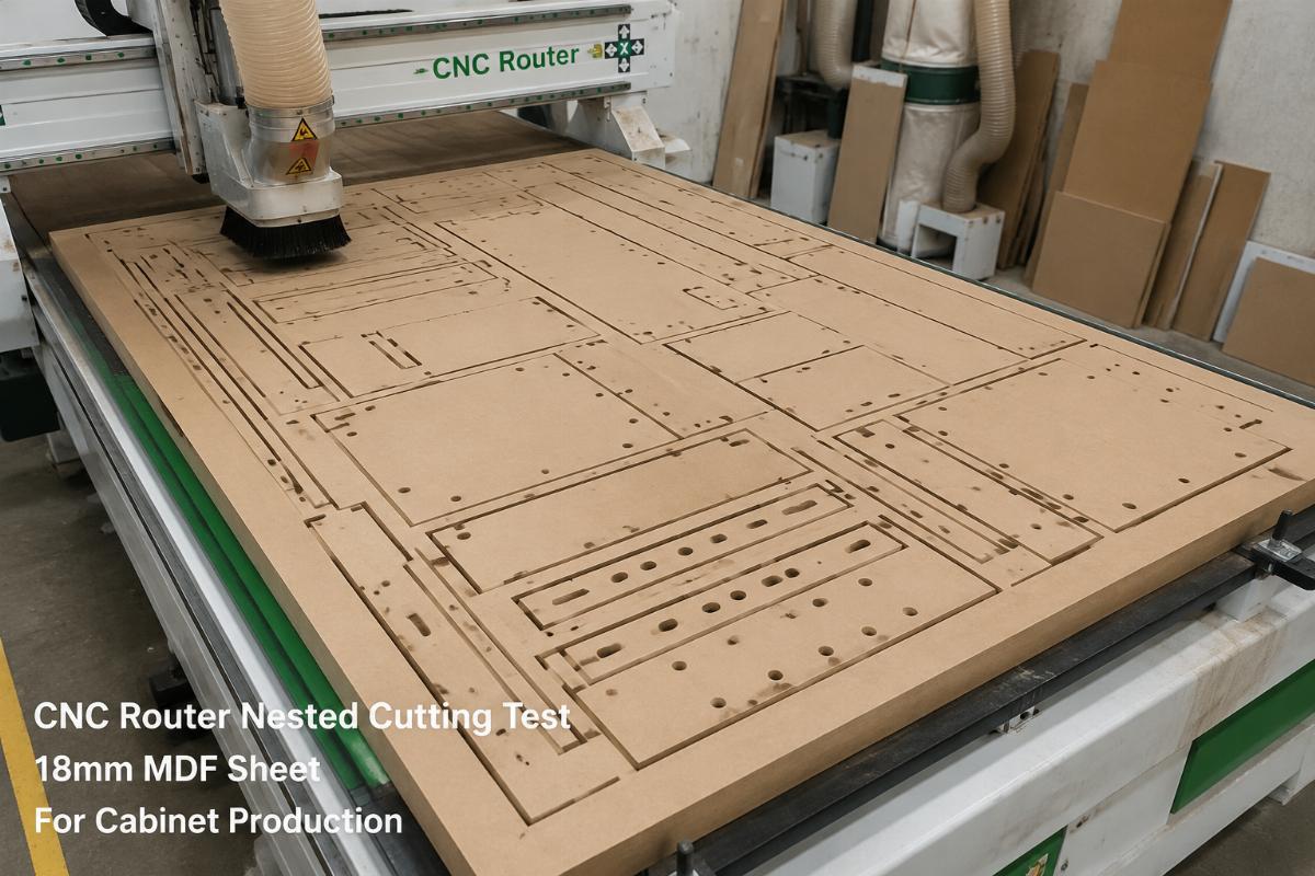 18mm MDF nested cutting test for cabinet production CNC router nested cutting test on 18mm MDF sheet