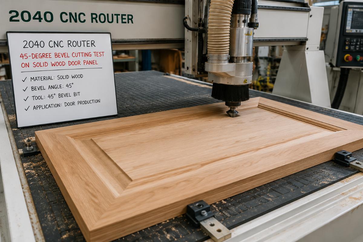 2040 CNC router 45-degree bevel cut test for door production 2040 CNC router 45-degree bevel cutting test on solid wood door panel