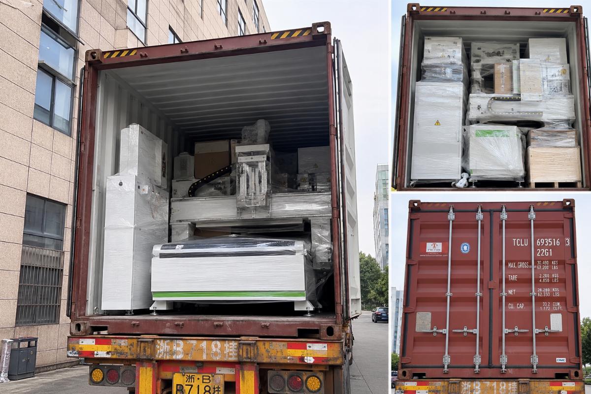 20ft container loading for full CNC router production line A 20ft container fully loaded with a complete set of panel furniture production line equipment