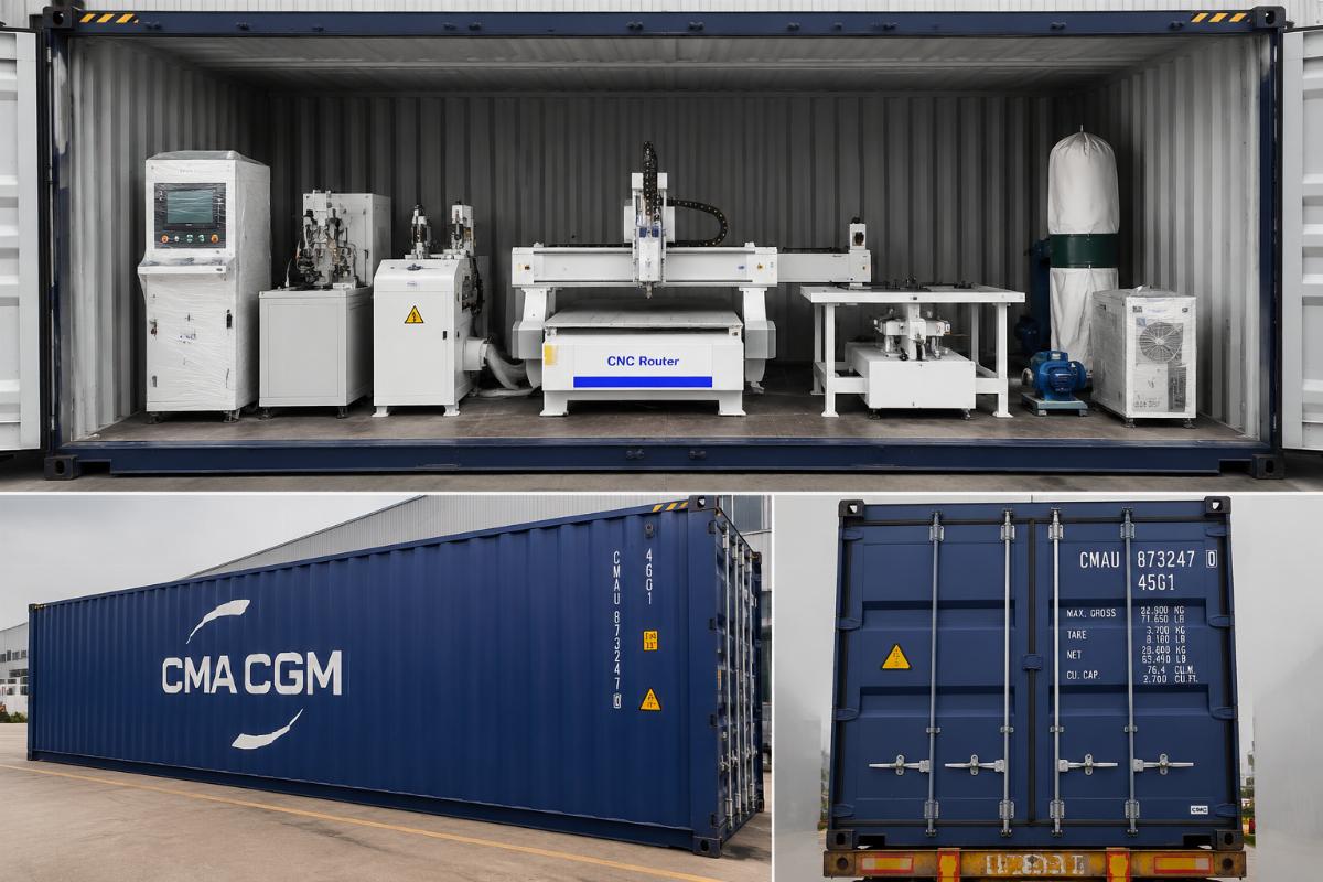 40ft container loading for CNC door engraving centers and supporting equipment Complete wood door production line equipment neatly arranged inside a 40ft container