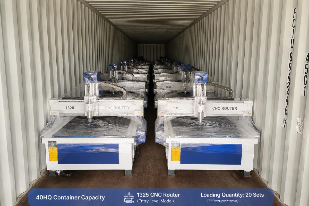 40HQ container capacity for entry-level 1325 CNC routers Rows of packaged 1325 CNC routers neatly arranged inside a 40HQ container