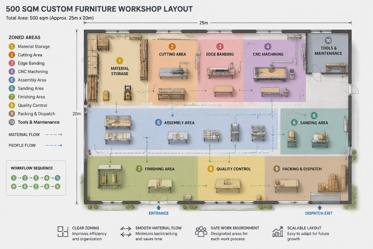 500 sqm mid-scale custom furniture workshop layout with clear zoning 500 sqm custom furniture workshop with clear material flow and zoned work areas