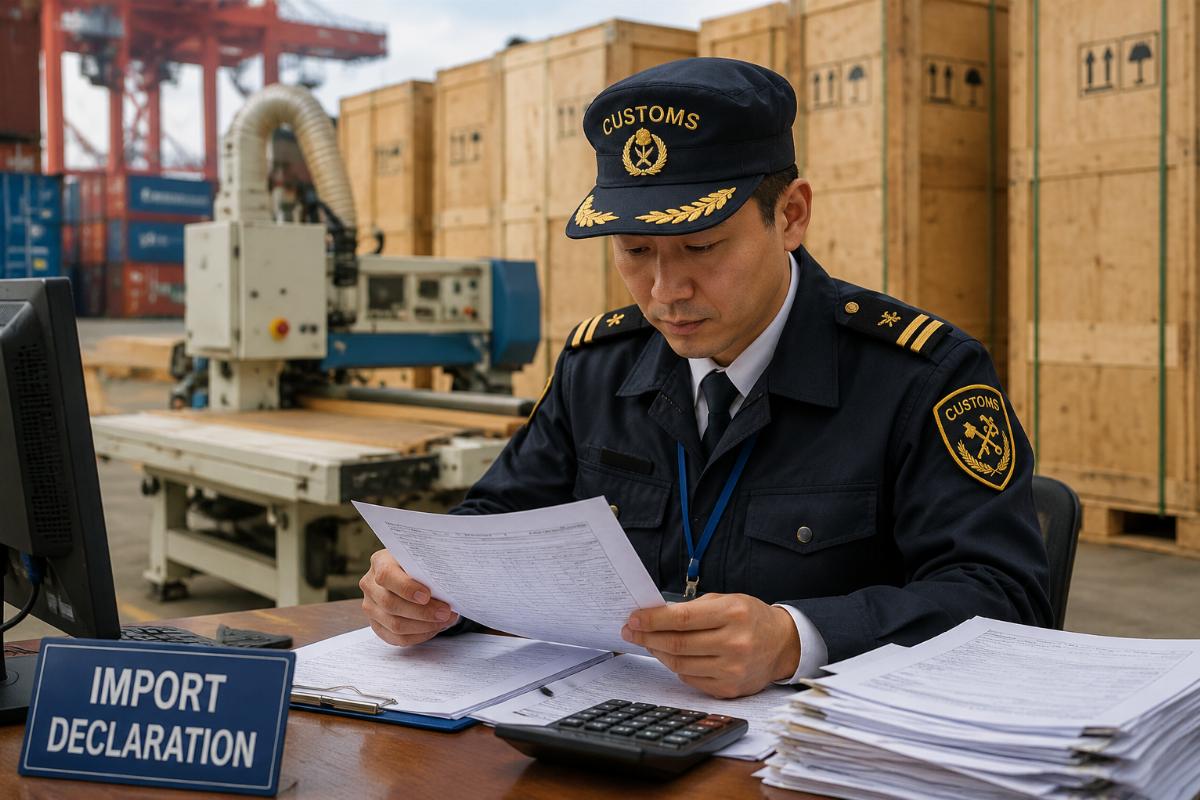 A customs officer reviewing documentation for a shipment of woodworking machinery