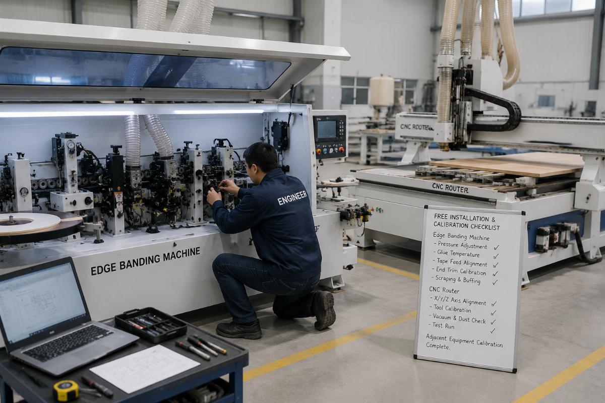 Engineer calibrating a paired edge banding machine alongside a CNC router