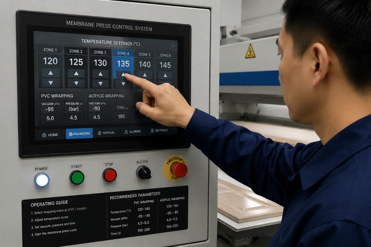 Technician adjusting segmented temperature settings on a membrane press control panel