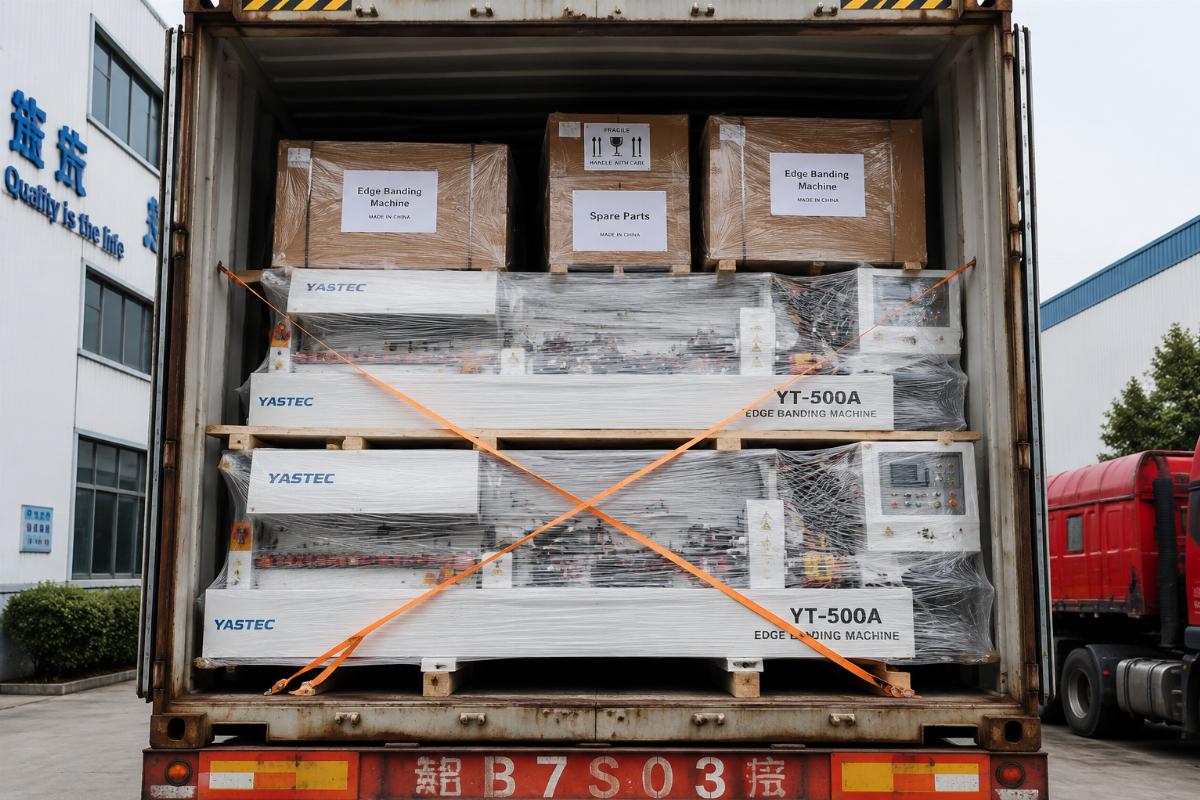 A full container of semi-automatic edge banding machines ready for export from China