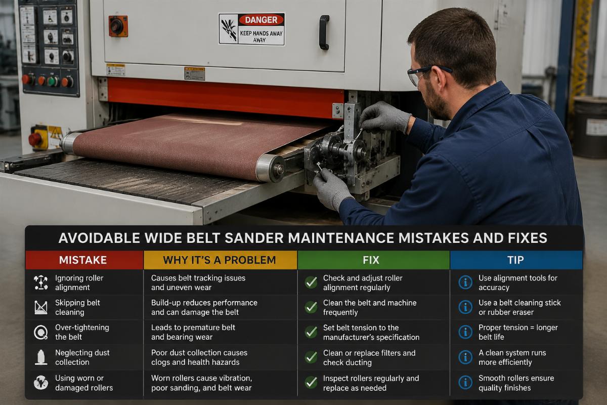 Avoidable wide belt sander maintenance mistakes and fixes A factory technician adjusting the roller alignment on a wide belt sander