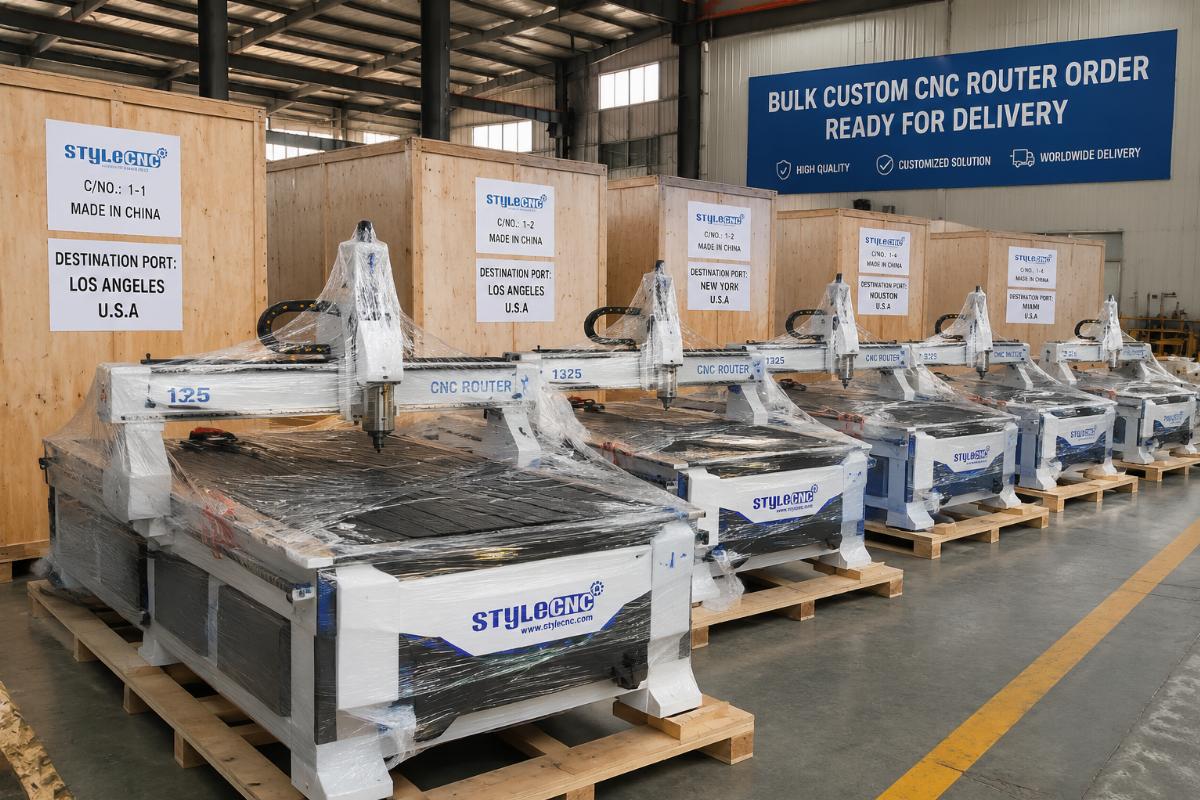 bulk custom cnc router order ready for delivery A batch of custom 1325 CNC routers packed for shipping with clear labeling for destination port