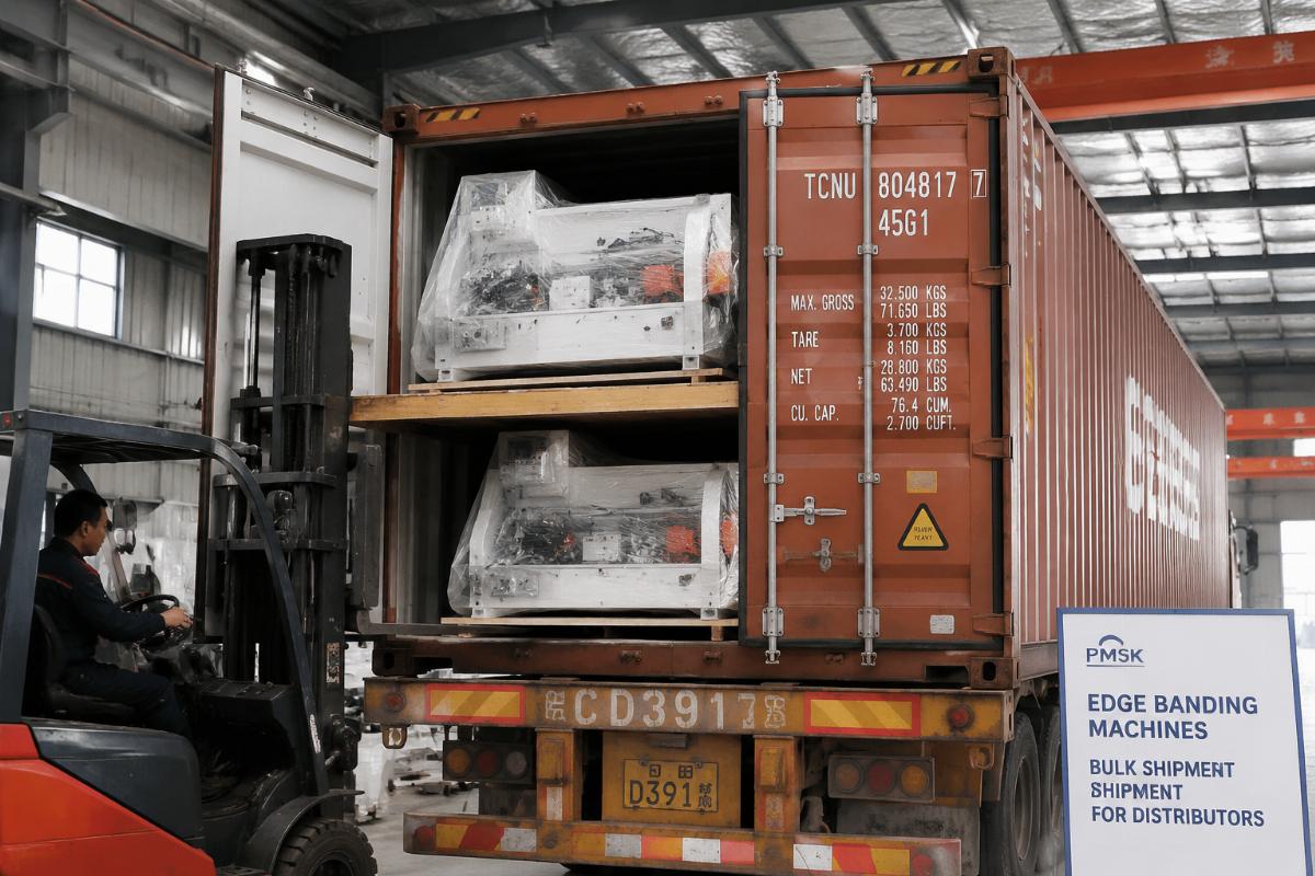 bulk edge banding machine shipment for distributors A stack of edge banding machines loaded into a 40HQ shipping container at a Chinese factory
