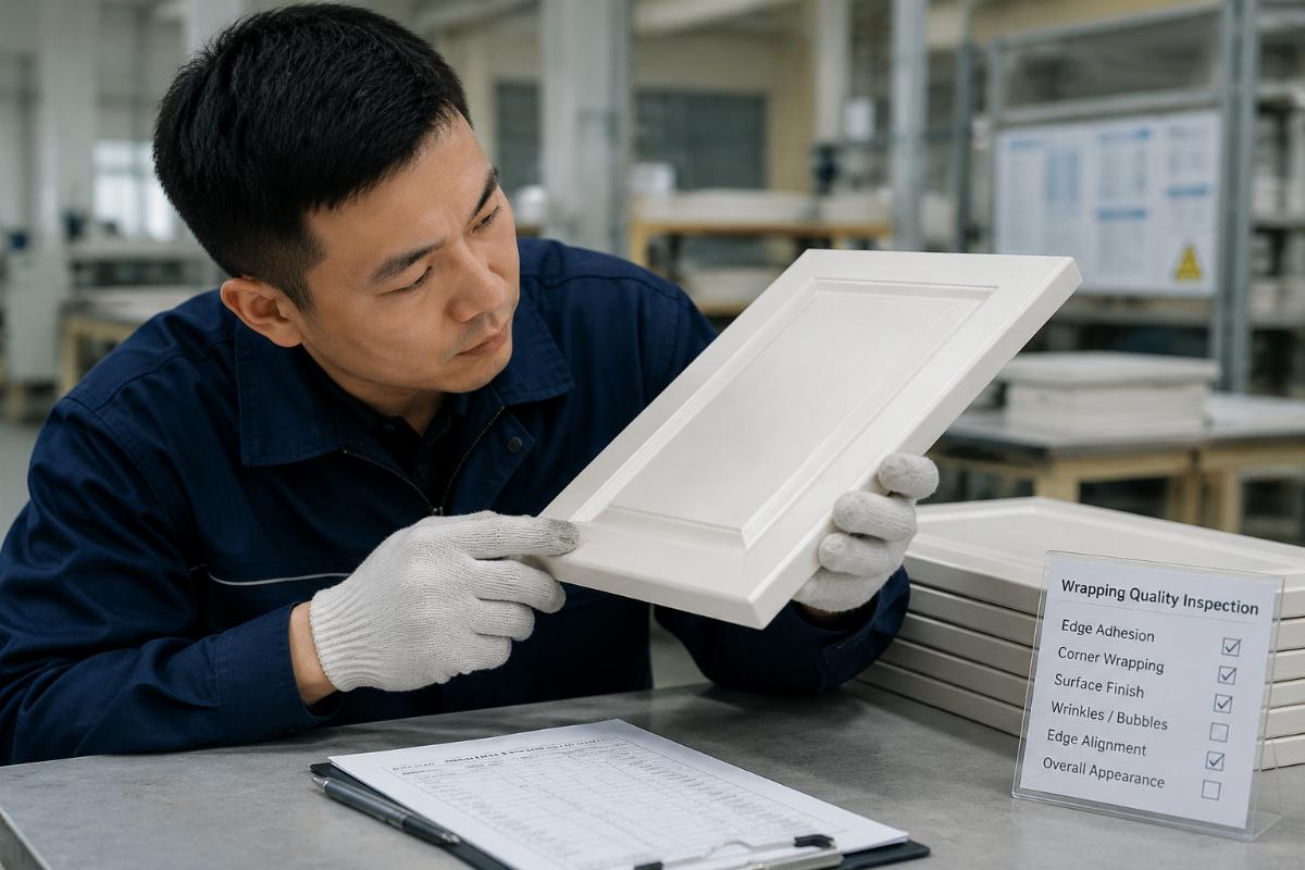 Technician inspecting wrapped cabinet door edges for adhesion quality