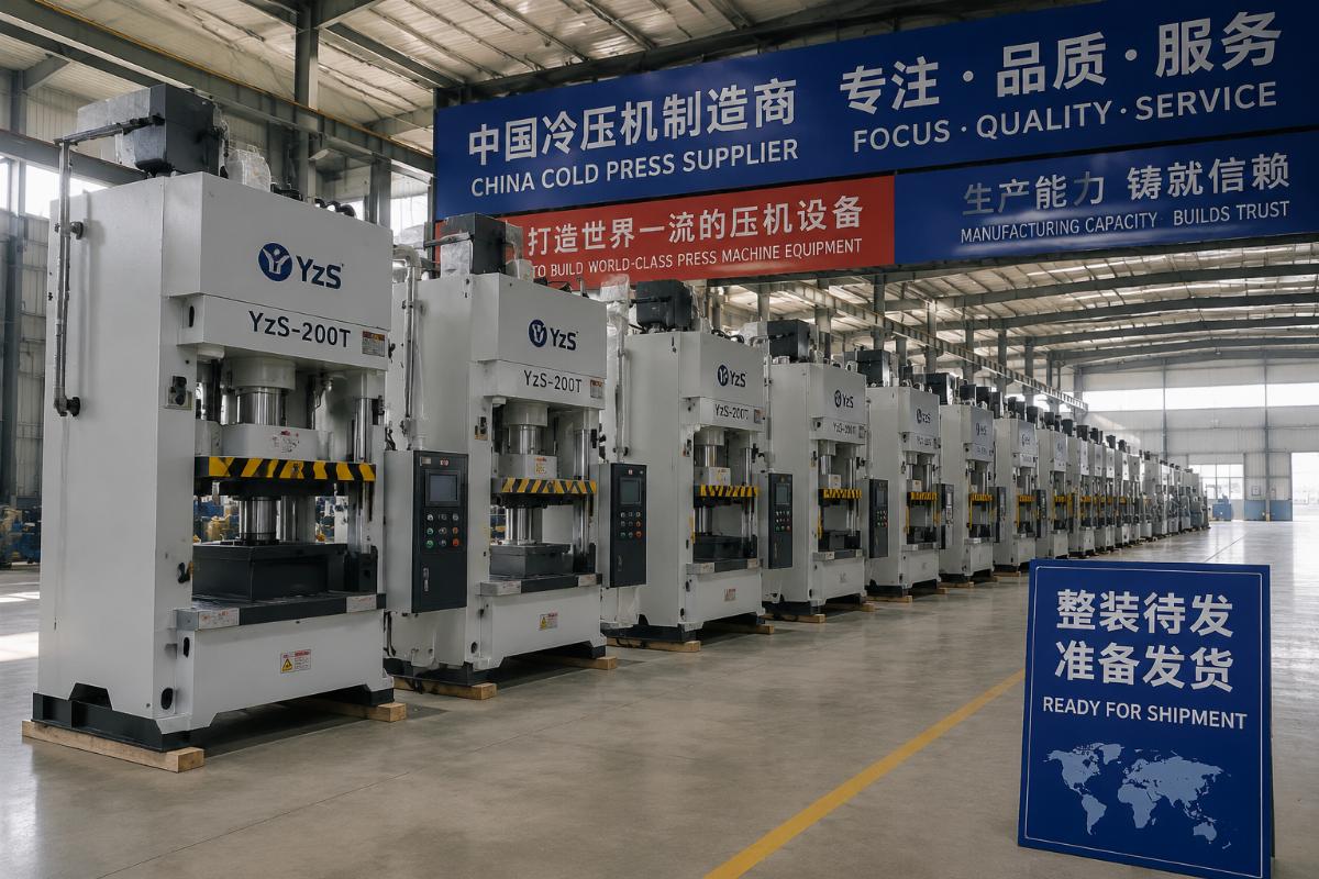 Cold press machines lined up at a Chinese manufacturing facility ready for shipment