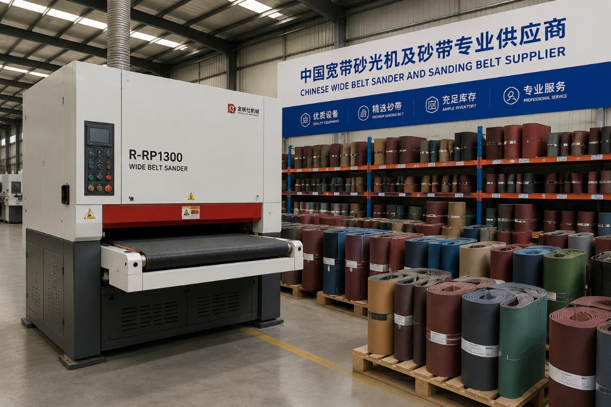 Wide belt sander and matching sanding belt inventory at supplier facility