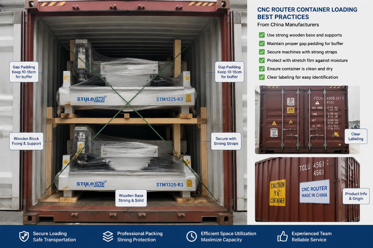 CNC router container loading best practices from China manufacturers Stacked properly secured CNC routers inside a sealed 40HQ container with clear labeling and gap padding