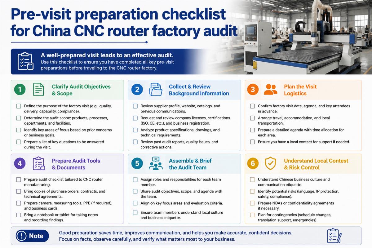 CNC router factory visit pre-work guide Pre-visit preparation checklist for China CNC router factory audit