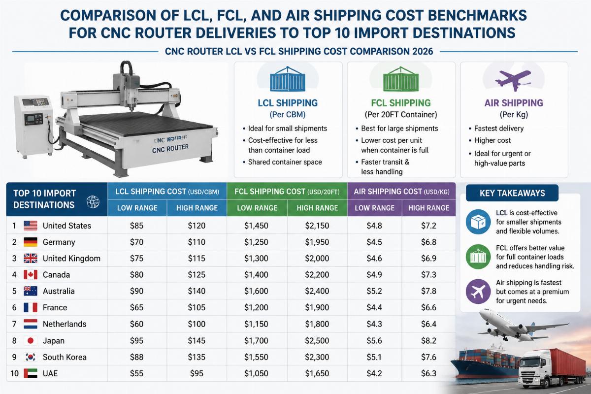 CNC router LCL vs FCL shipping cost comparison 2026 Comparison of LCL, FCL, and air shipping cost benchmarks for CNC router deliveries to top 10 import destinations