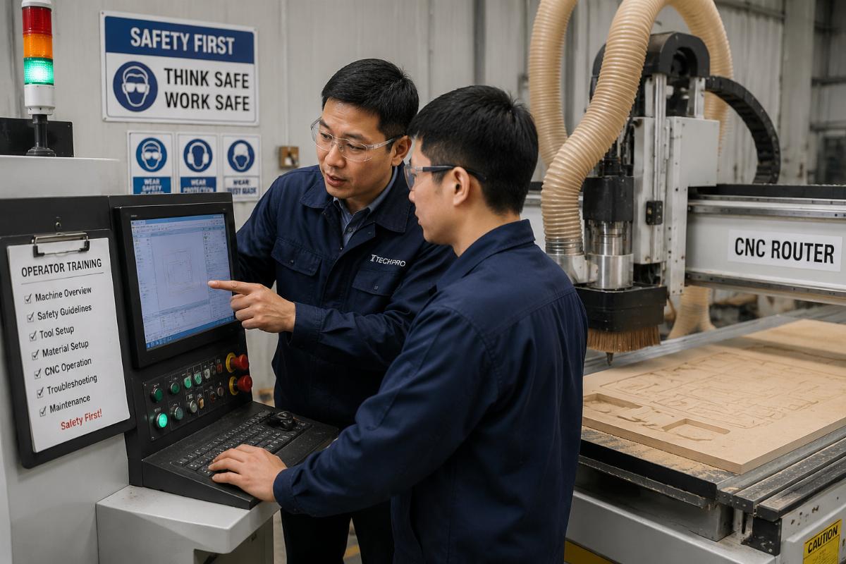 Engineer conducting hands-on operator training for frontline production staff