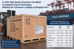 A 1325 CNC router packed in certified fumigated export packaging waiting for container loading at Qingdao port