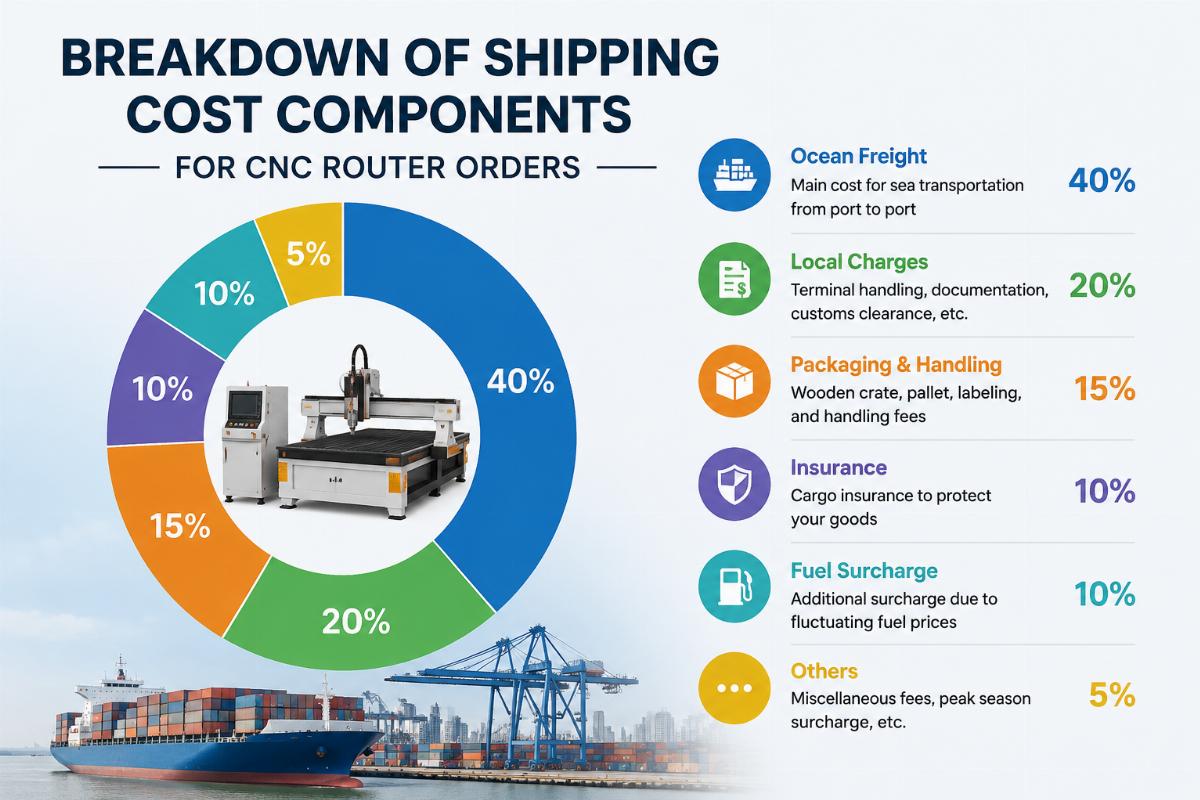 Breakdown of shipping cost components for CNC router orders