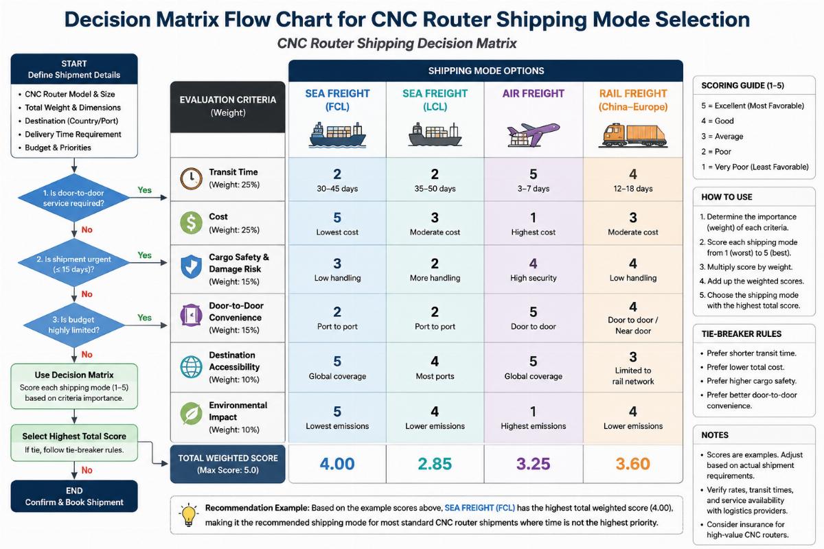 Decision matrix flow chart for CNC router shipping mode selection