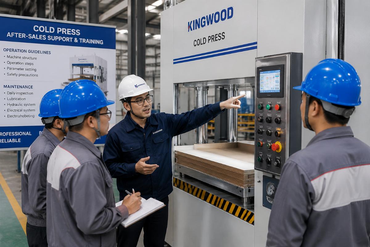 An engineer guiding factory staff through cold press machine operation and maintenance