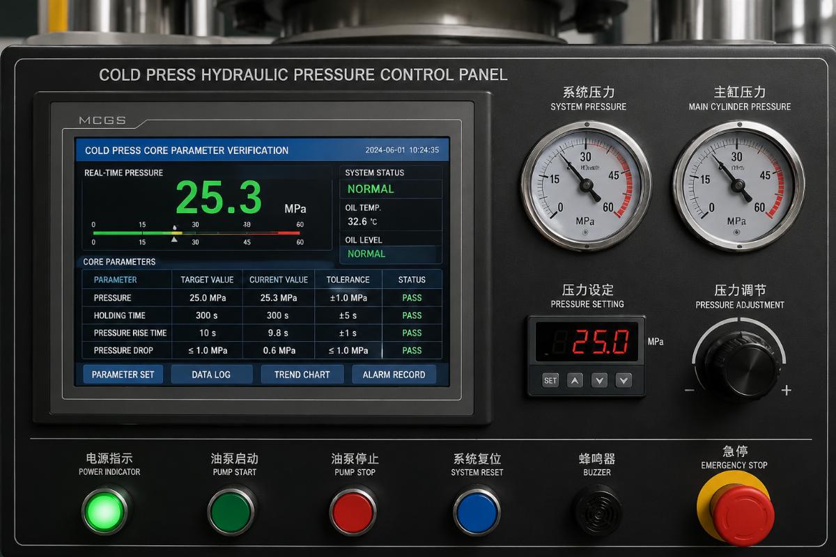 A close-up view of a cold press machine's hydraulic pressure control panel