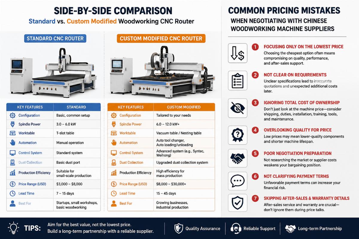Common pricing mistakes when negotiating with Chinese woodworking machine suppliers Side-by-side comparison of a standard and custom modified woodworking CNC router