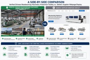 A side-by-side comparison of a verified Chinese woodworking machinery production facility and a generic supplier webpage display
