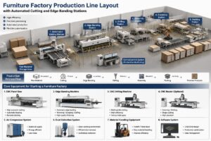 Furniture factory production line layout with automated cutting and edge banding stations