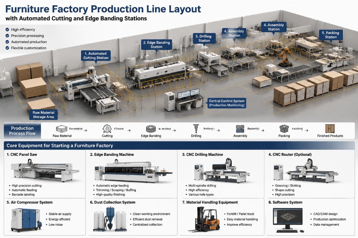Furniture factory production line layout with automated cutting and edge banding stations