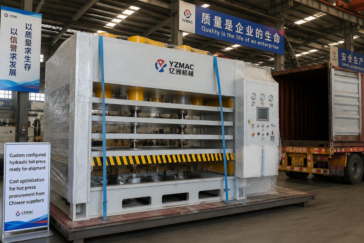 Cost optimization for hot press procurement from Chinese suppliers Custom configured hydraulic hot press ready for shipment from a Chinese woodworking machinery factory