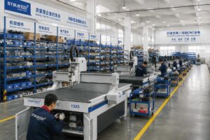 A production line of custom CNC routers being assembled in a clean, organized workshop with pre-stored component racks along the walls