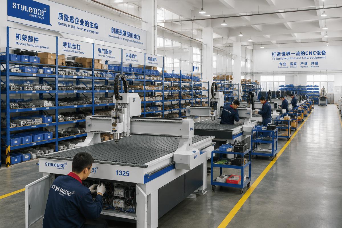 custom cnc router manufacturing process in china A production line of custom CNC routers being assembled in a clean, organized workshop with pre-stored component racks along the walls
