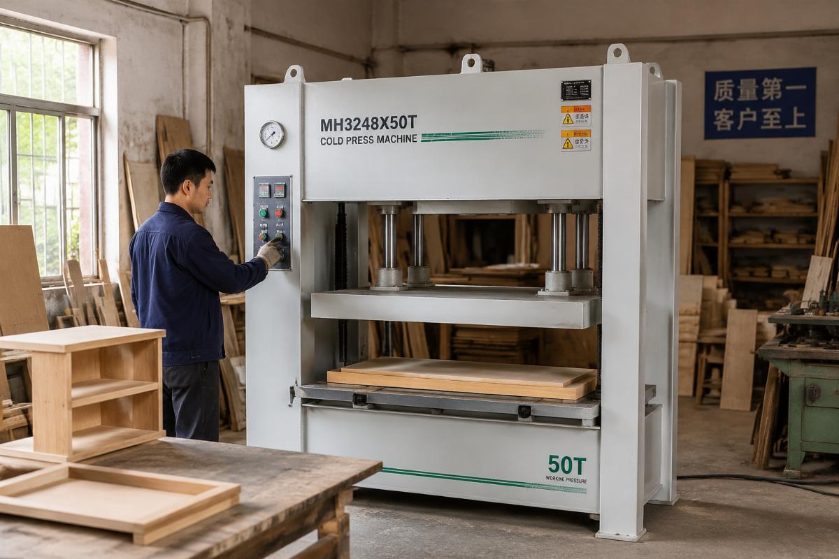 A small woodworking workshop operating a compact industrial cold press machine