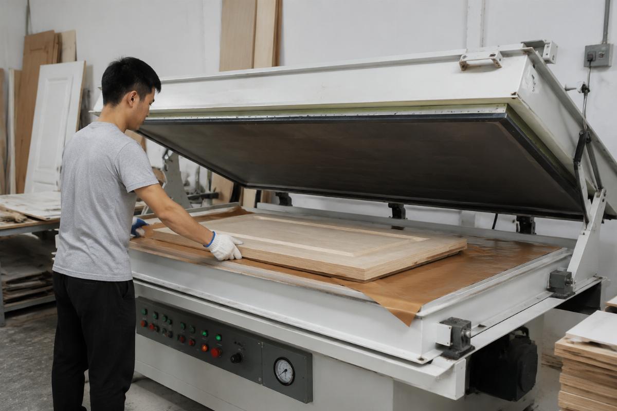 Small workshop operator running a membrane press for custom cabinet door production