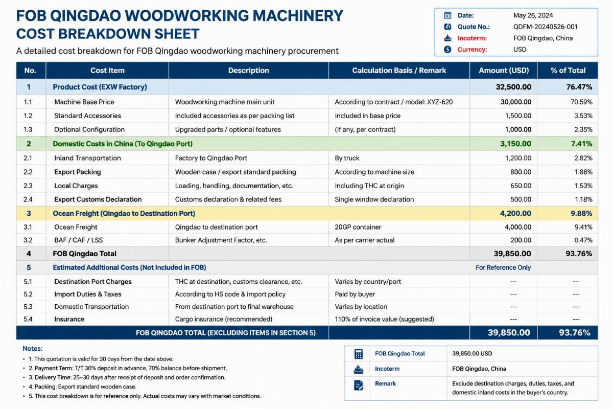 FOB Qingdao cost breakdown reference A detailed cost breakdown sheet for FOB Qingdao woodworking machinery procurement