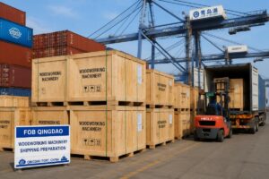 A container yard at Qingdao Port with stacked woodworking machinery crates ready for loading