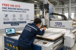 A certified engineer calibrating a 1325 CNC router for a panel furniture factory on site