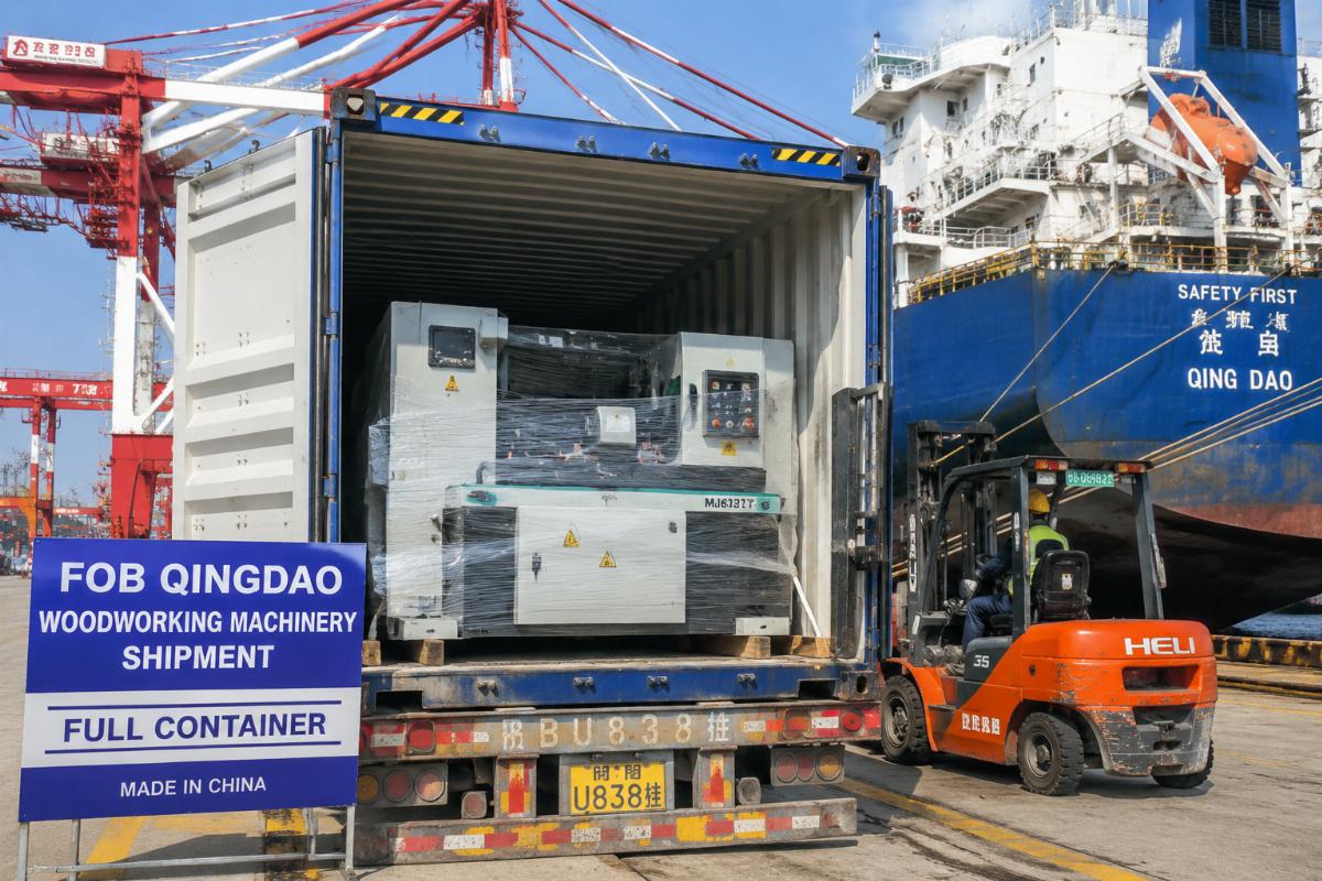 Full container FOB Qingdao woodworking machinery shipment A full container of woodworking machinery being loaded onto a vessel at Qingdao Port