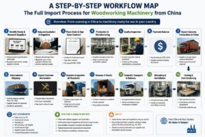 A step-by-step workflow map showing the full import process for woodworking machinery from China