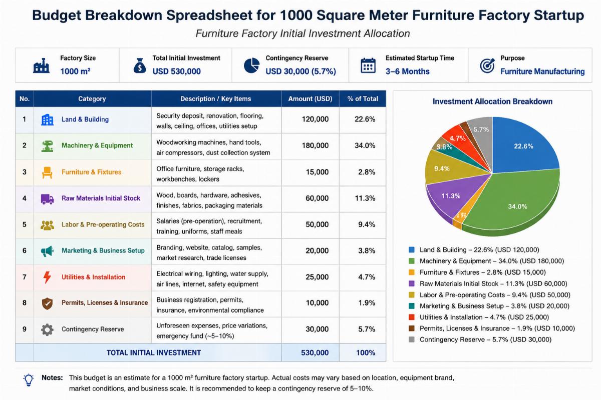 Budget breakdown spreadsheet for 1000 square meter furniture factory startup