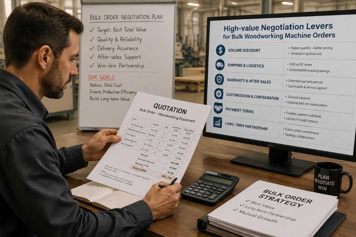 High-value negotiation levers for bulk woodworking machine orders A production line manager reviewing a bulk order quotation for woodworking equipment