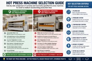 Side-by-side comparison of correctly and incorrectly specified hot press machines for small to medium woodworking production lines