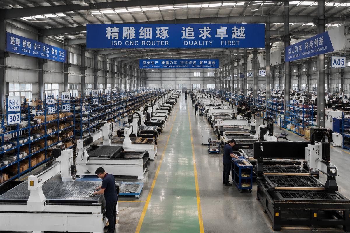 large scale cnc router manufacturing facility in china A large dedicated assembly facility for CNC routers with organized workstations and pre-stored component racks