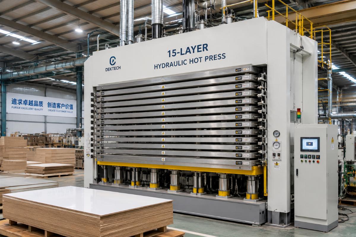 Layer count matching for high volume lamination production 15-layer hydraulic hot press operating in a mid-sized panel furniture production facility
