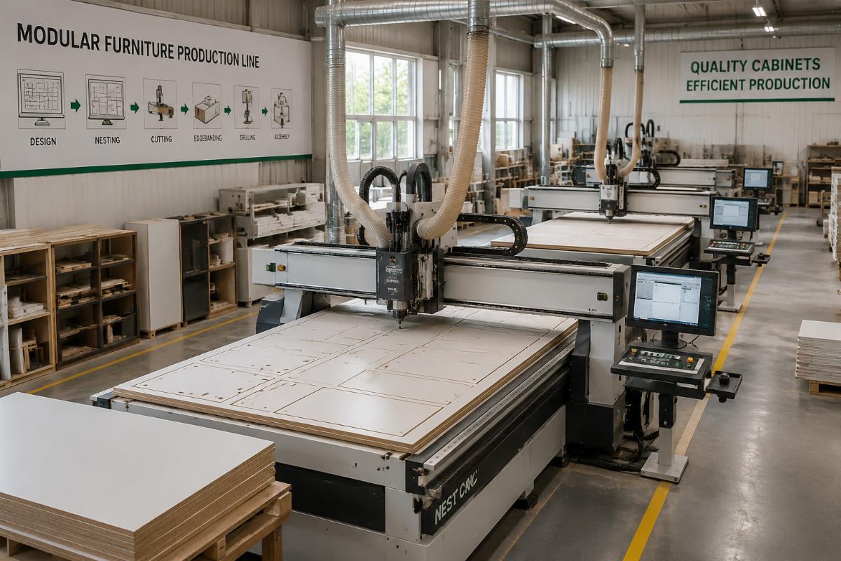 Nested CNC production line running full panel cutting cycles in a small factory