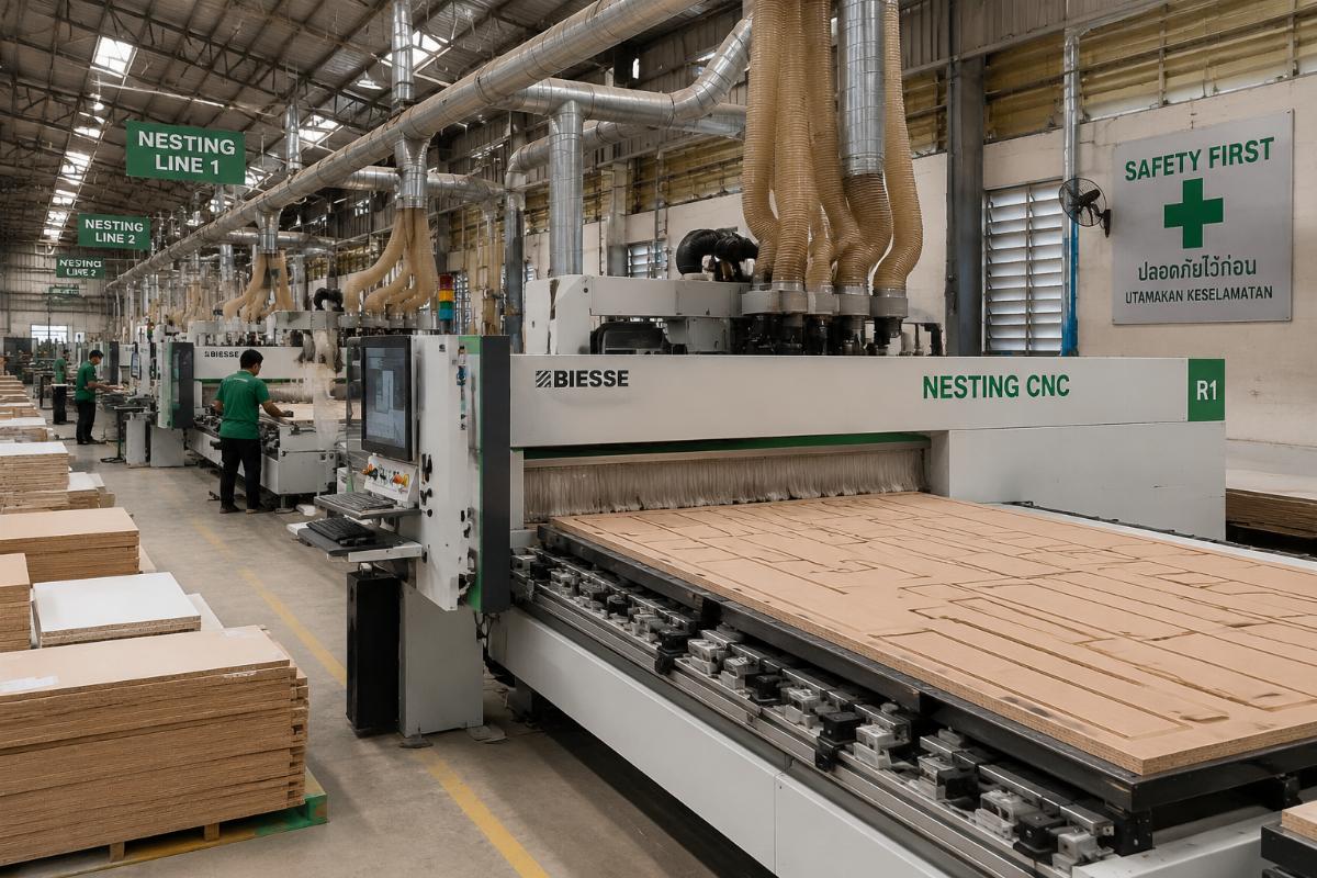 nested CNC production line for panel furniture A production line of nested CNC woodworking machinery running in a Southeast Asian furniture factory